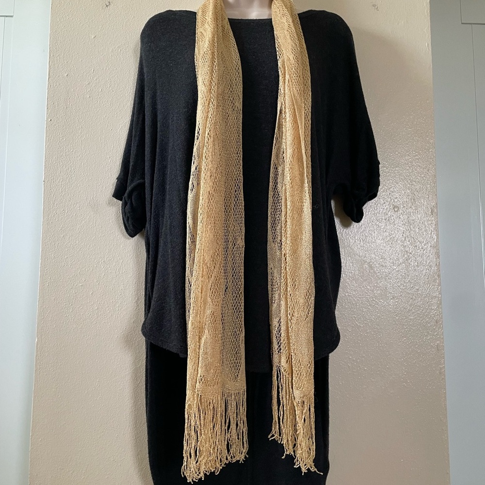 Gold Lace Knit Shawl with Asymmetrical Design - Picture 3 of 15